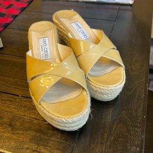 Jimmy Choo beige patent leather cross cross wedge sandal size 37.5